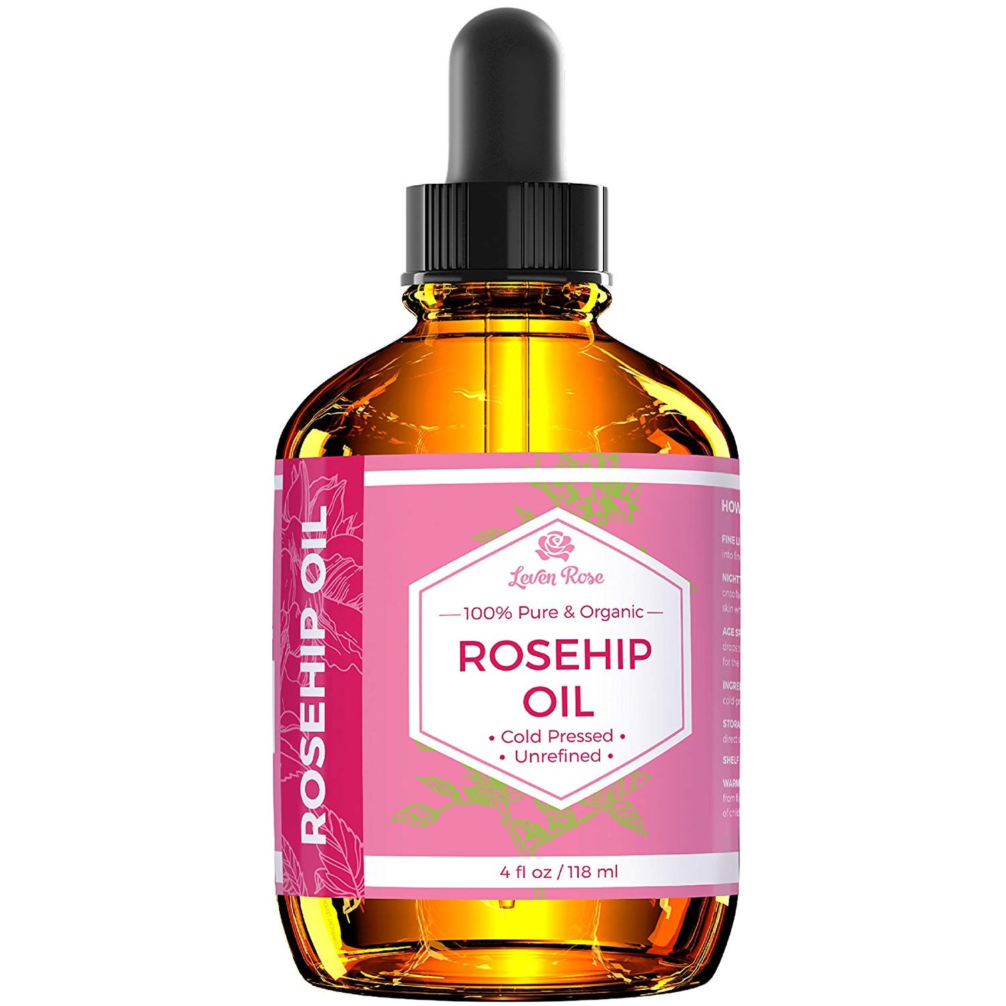 Leven Rose Rosehip Seed Oil 100% Pure Organic Unrefined Cold Pressed for Hair Skin & Nails (4 fl oz)