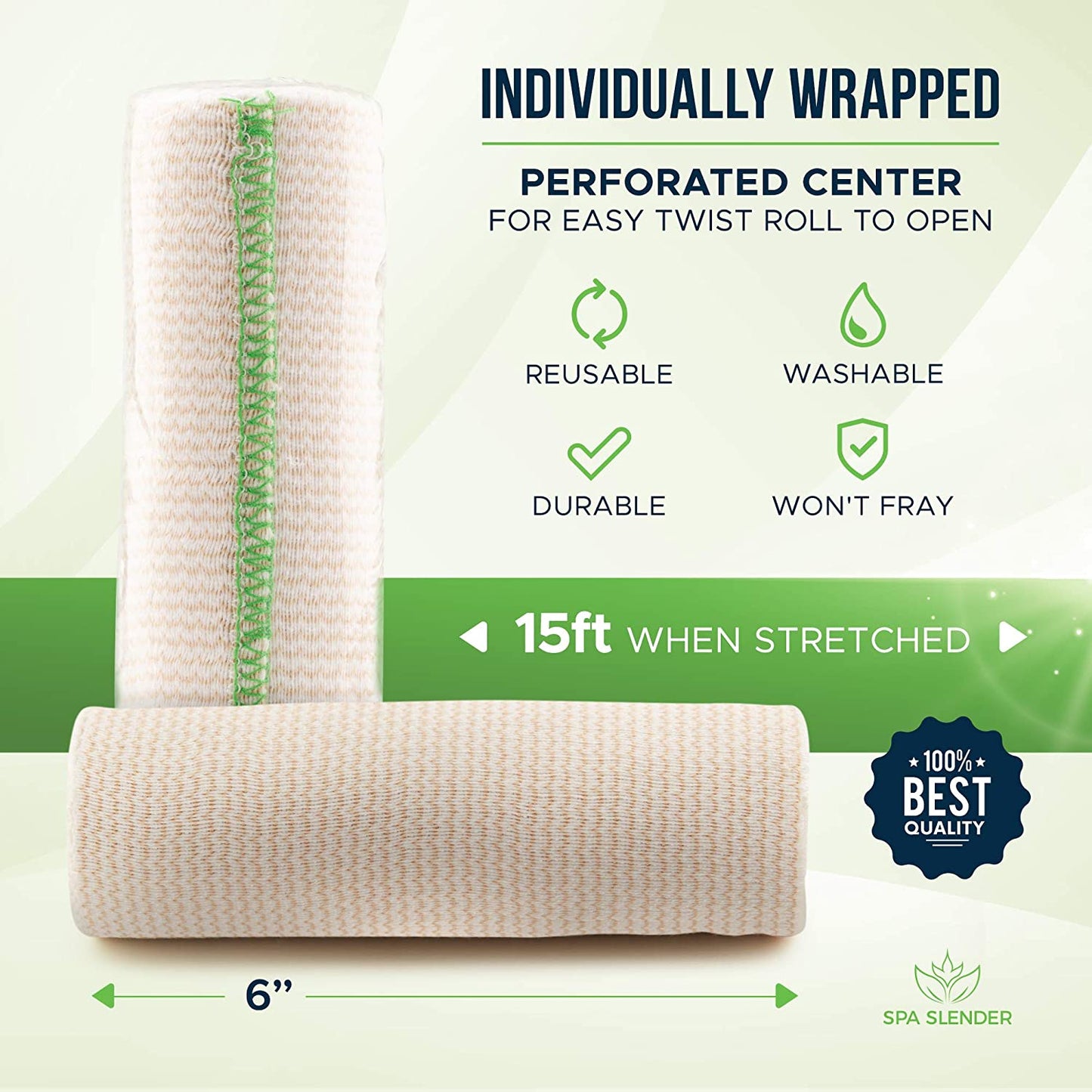 Spa Slender 6" x 15ft. Elastic Wrap Compression Bandage Washable, 2 Wrap