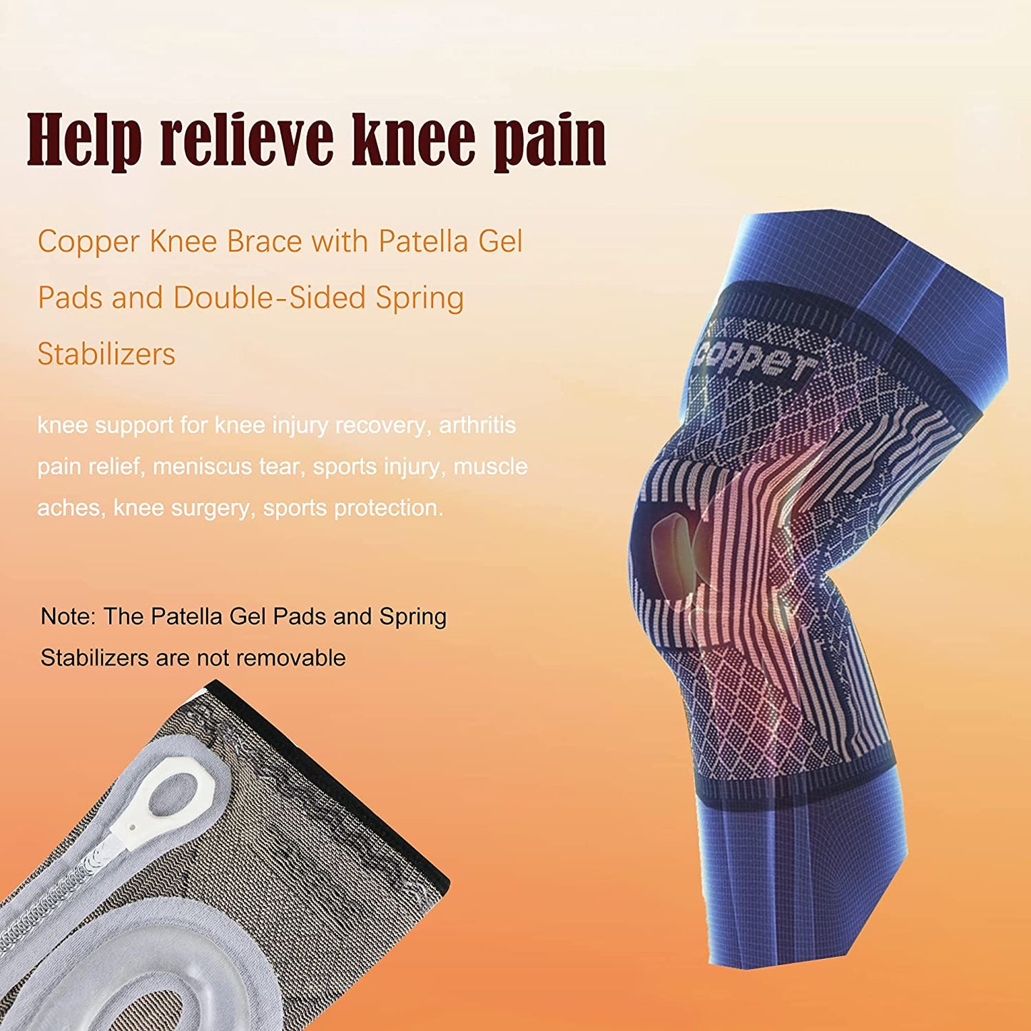 Copper Knee Brace with Patella Gel Pads & Side Stabilizers 1 Knee Brace, Tan, Large