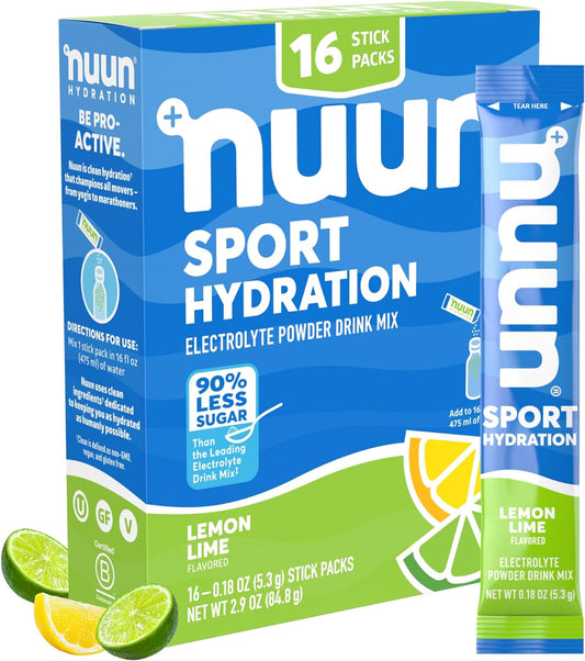 Nuun Sport Hydration Electrolyte Powder Drink Mix, Lemon Lime Flavored, 16 Sticks, 2.9 oz / 84.8g