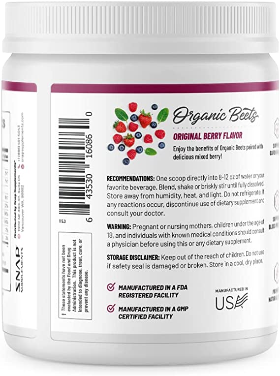 SNAP Supplements Nitric Oxide Organic Beets Original Berry Flavor, 8.8 oz. / 250g