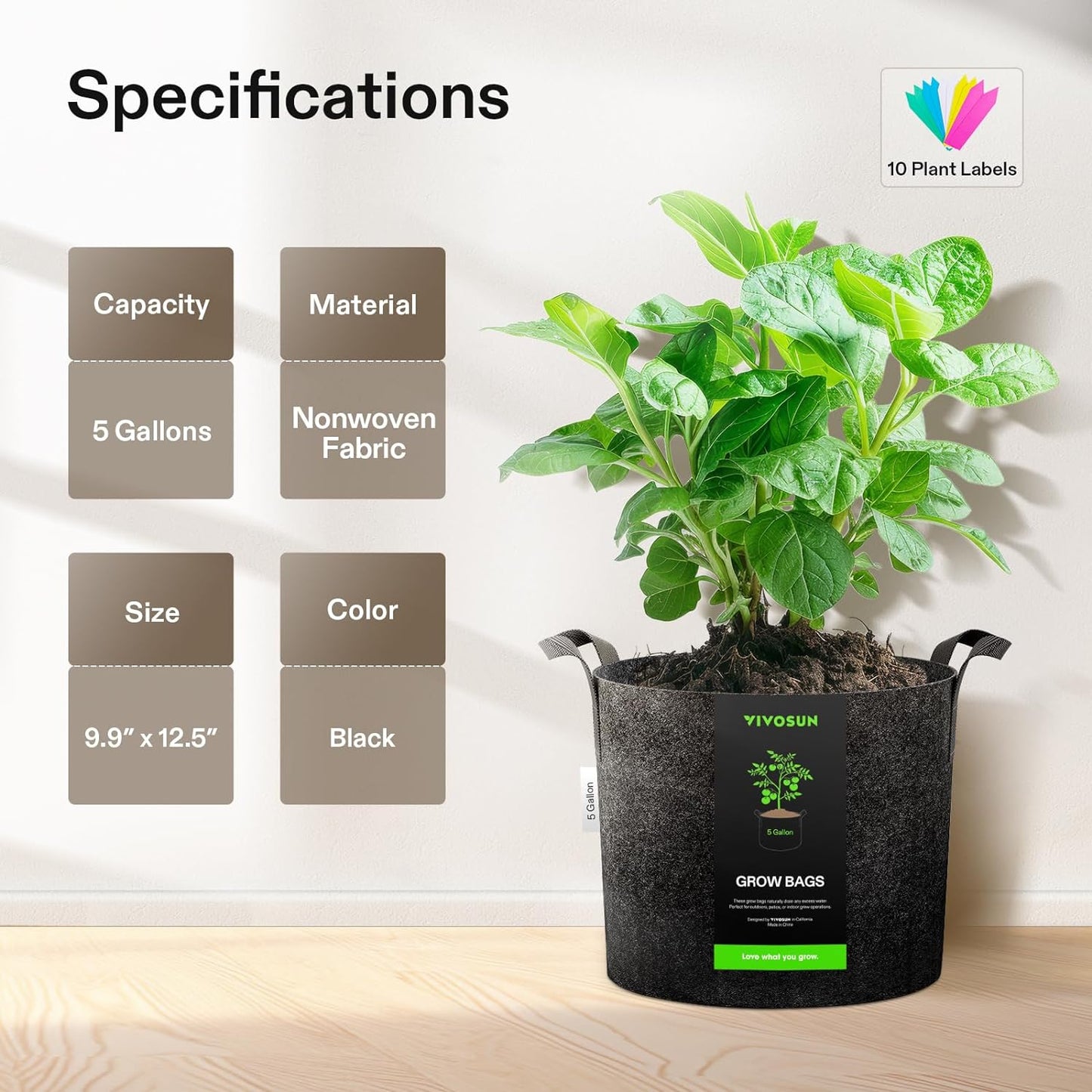 Vivosun Grow Bags 5 Gallon Heavy Duty 5 Count