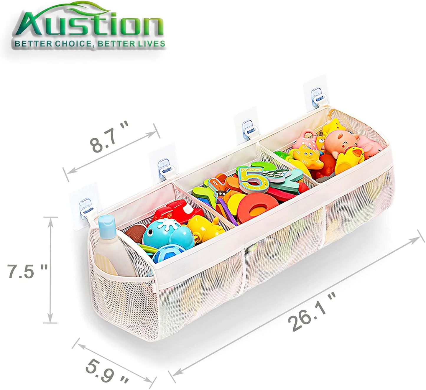 Original 3 Compartment Horizontal Large Openings Mesh Bath Toy Storage and Holder