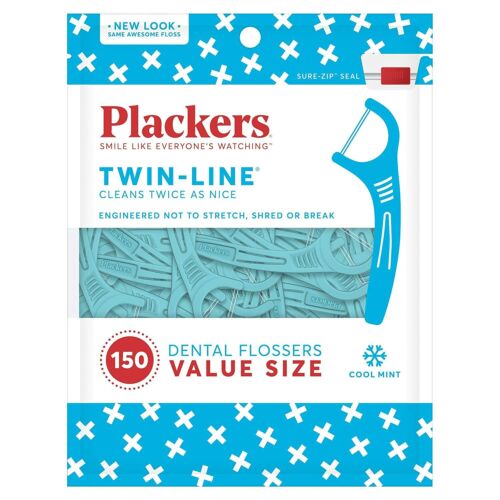 Plackers Twin-Line Cleans Twice As Nice Dental Flossers Cool Mint Flavor 75 Count