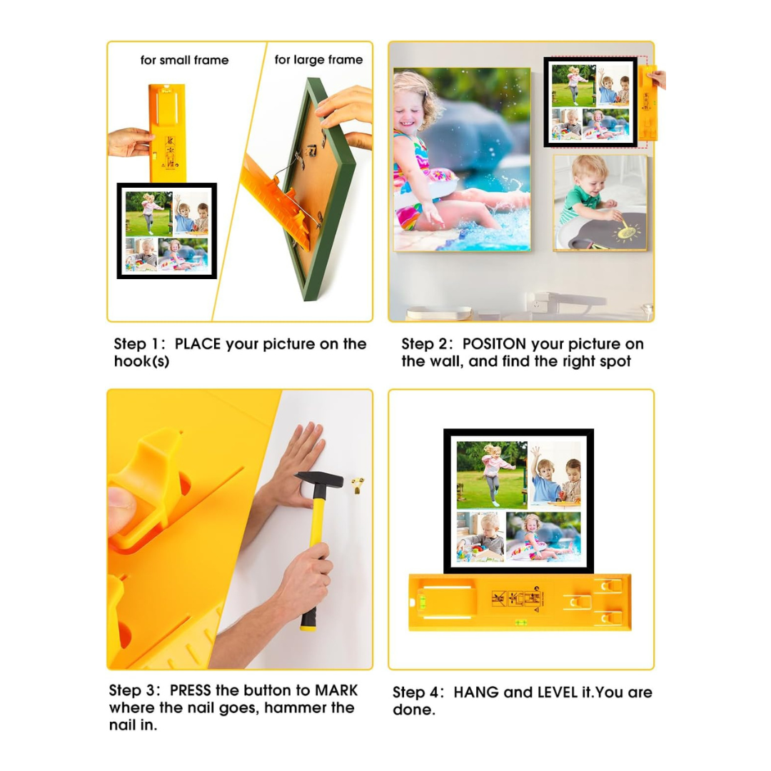 Picture Hanging Tool with Level, Goodsnova Photo Frame Hanging Tool for Easy Marking Position, (Yellow)