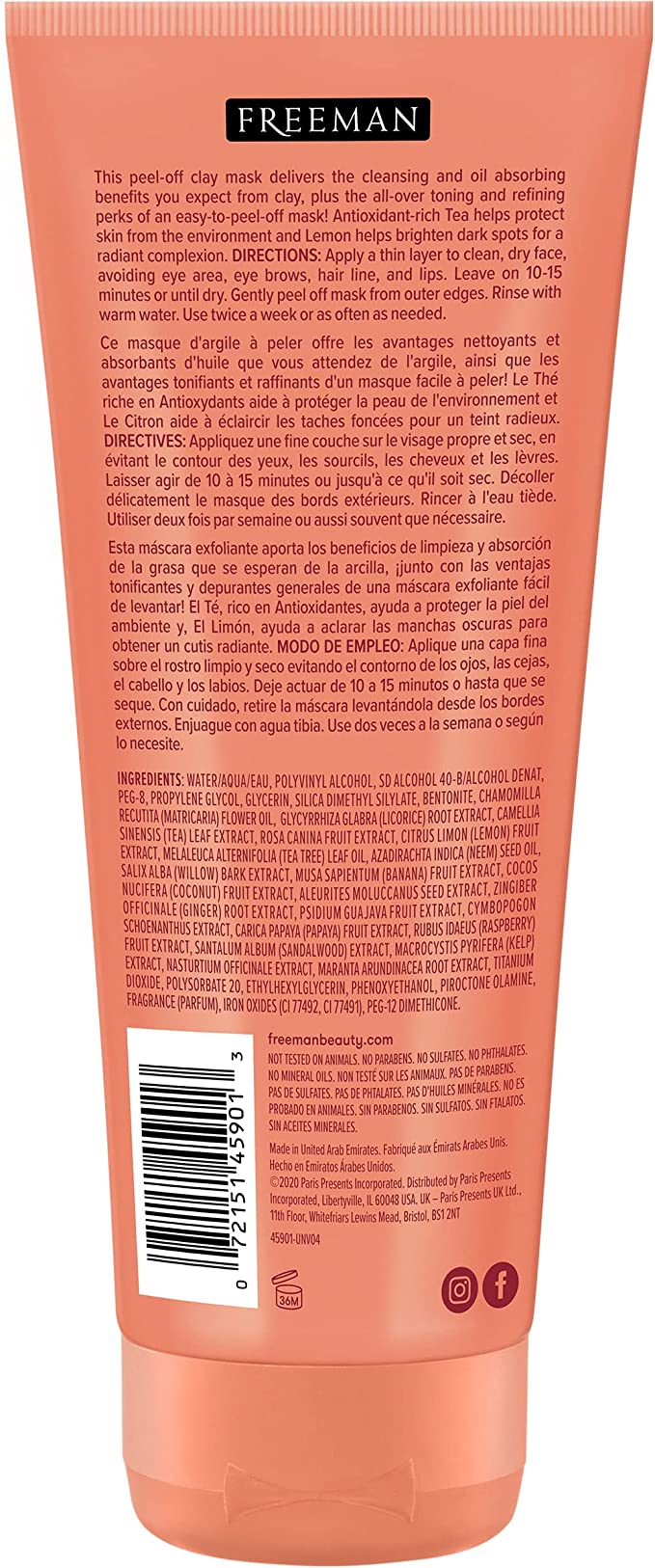 FREEMAN Clearing Sweet Tea & Lemon Peel-Off Clay Facial Mask, 6 fl.oz./175 mL Tube