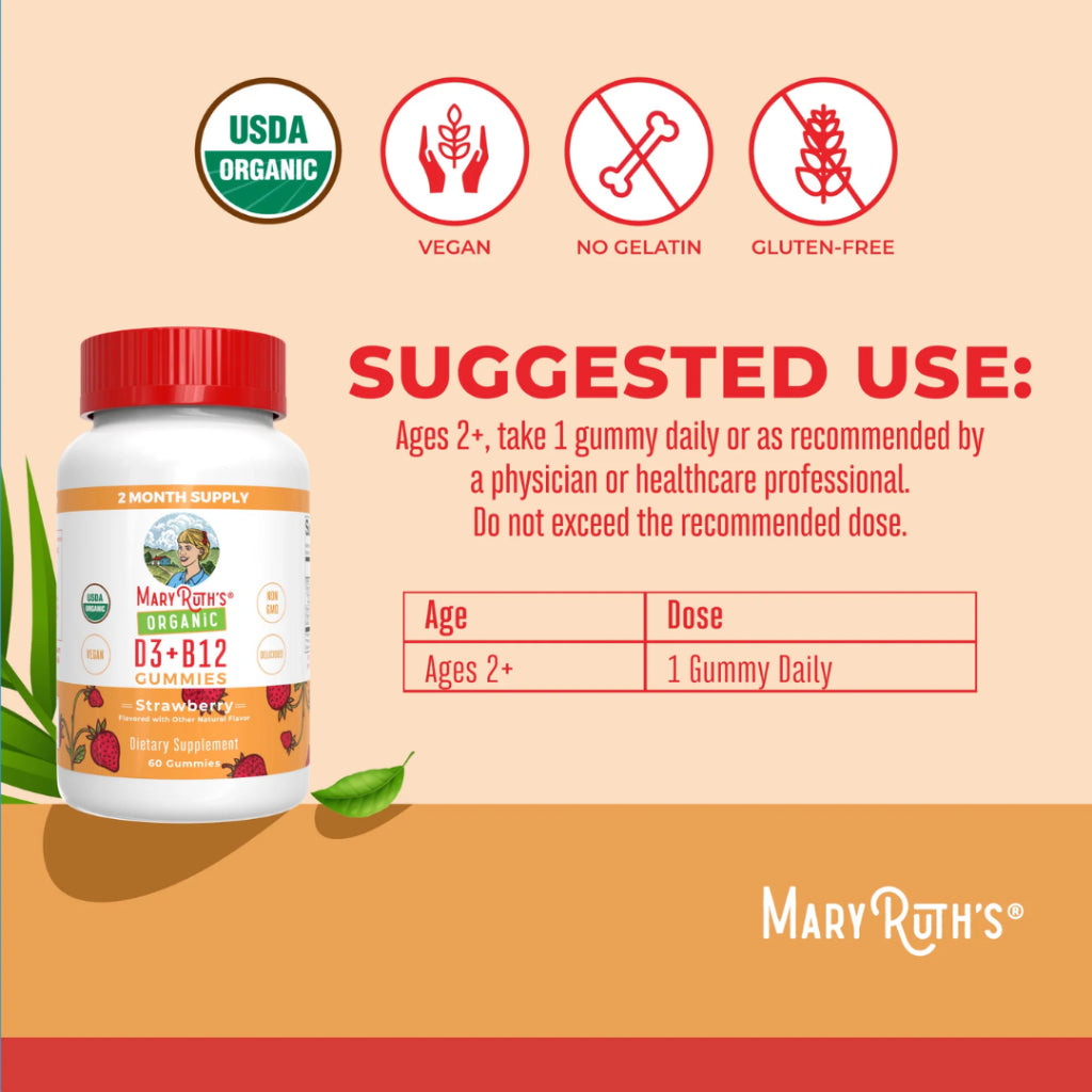 Mary Ruth's Organic Vitamin D3 + Vitamin B12 Gummies Strawberry Flavor, 60 Count