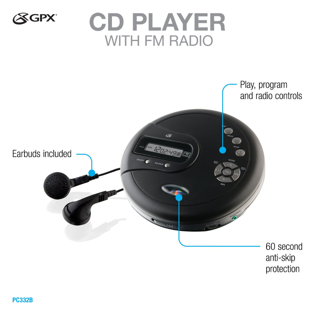 GPX PC332B Portable CD Player With Anti-Skip Protection FM Radio And Stereo Earbuds Black