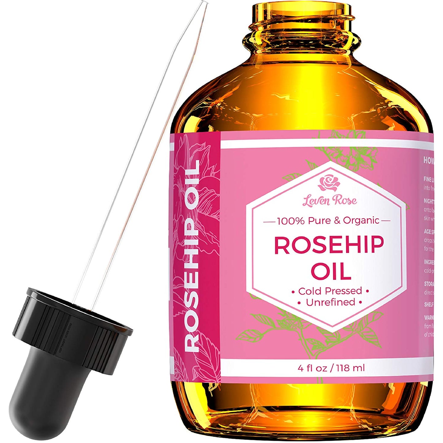 Leven Rose Rosehip Seed Oil 100% Pure Organic Unrefined Cold Pressed for Hair Skin & Nails (4 fl oz)
