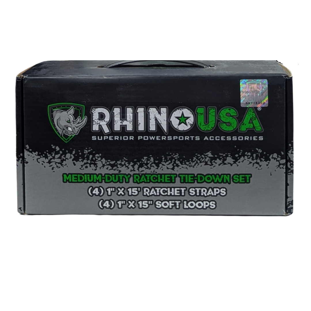 Rhino USA Medium Duty Ratchet Tie-Down Set, 4 Ratchet Straps and 4 Soft Loops