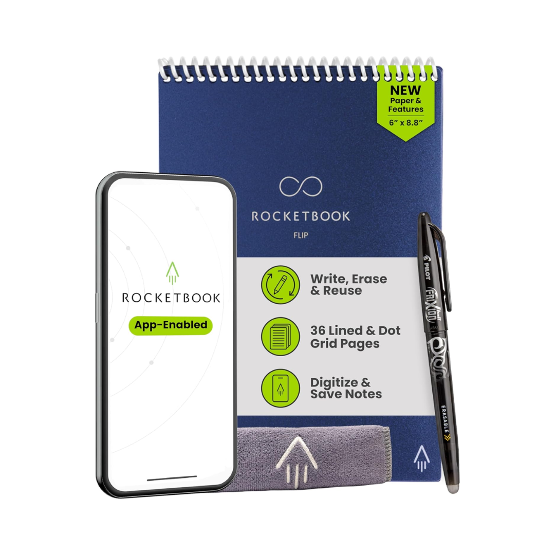 Rocketbook Flip Reusable Smart Notepad Top Spiral Lined & Dotted Pages Navy Blue, 6 x 8.8 in