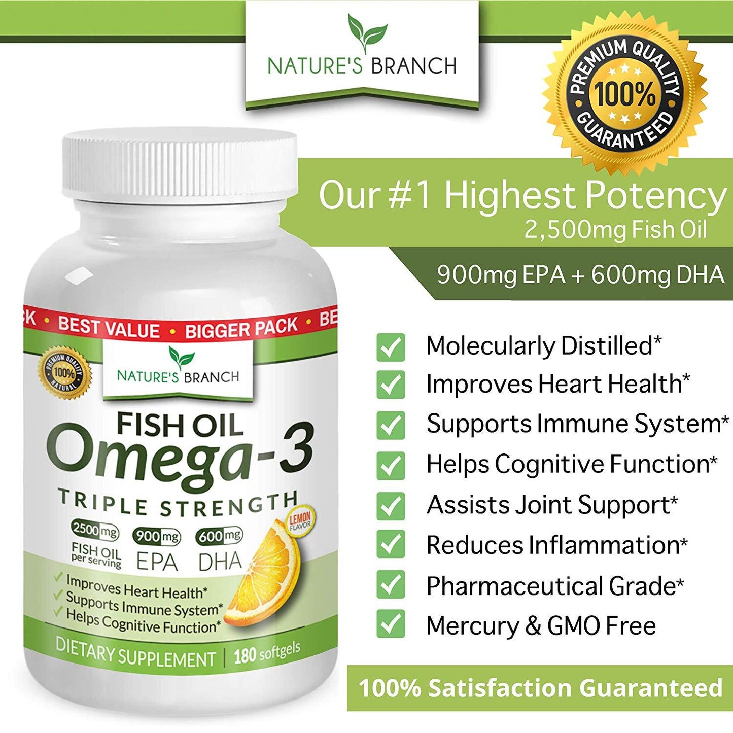 Natures Branch Fish Oil Omega-3 Triple Strength, Lemon Flavor 180 Softgels