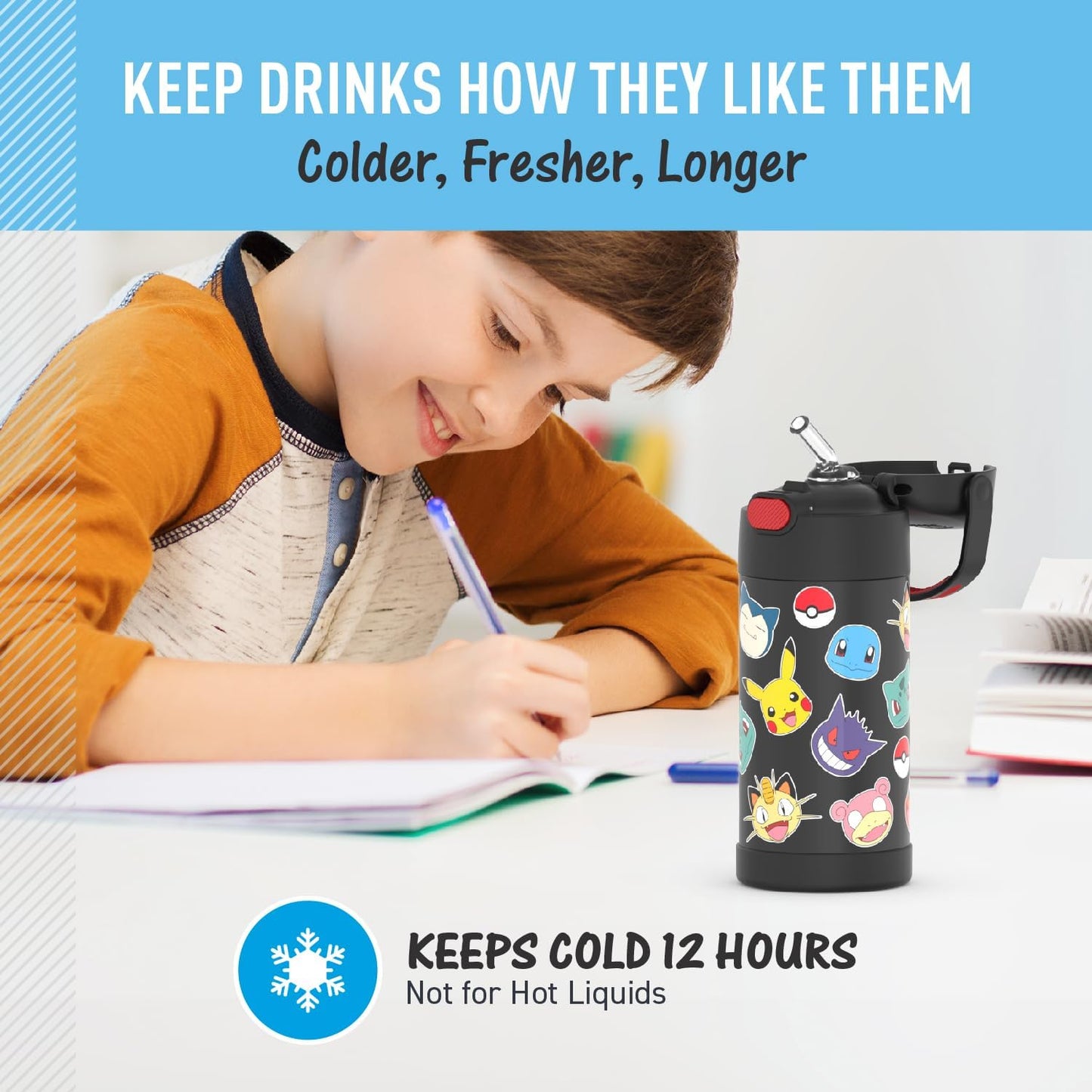 THERMOS FUNTAINER Kids Stainless Steel Water Bottle with Straw, Pokémon, 12 oz (PACKAGING MAY VARY)