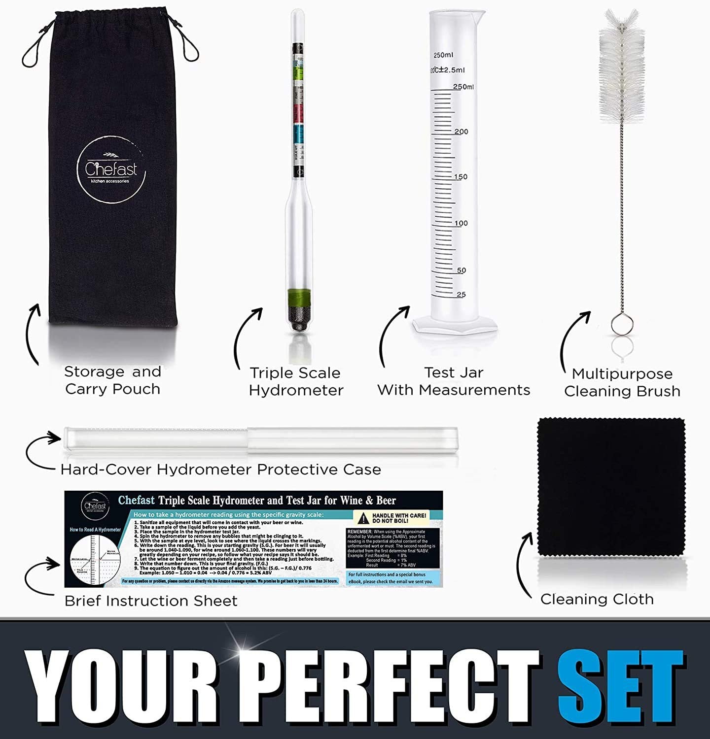 Chefast Hydrometer and Test Jar for Wine, Beer, Mead and Kombucha Combo Kit