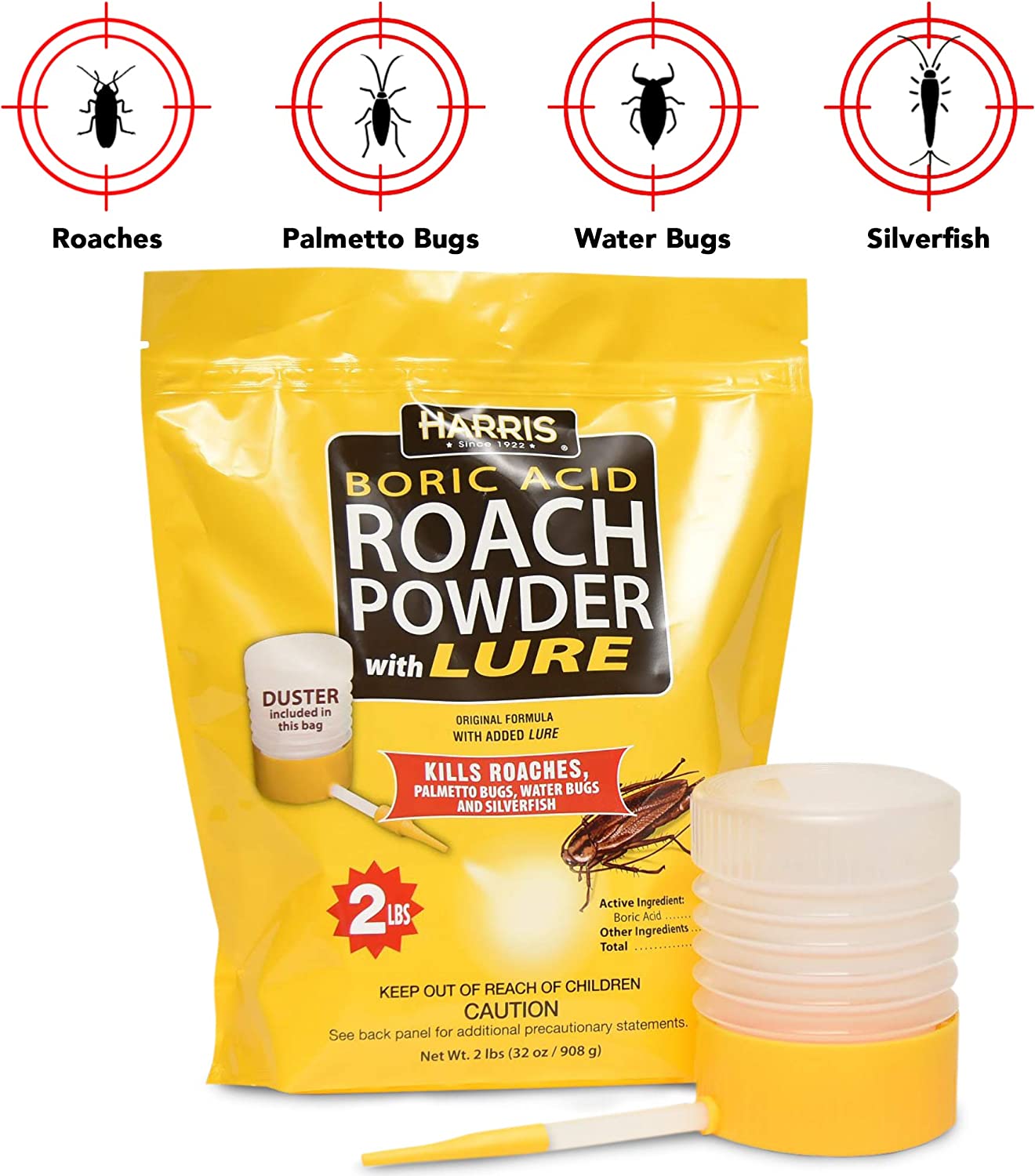 Harris Boric Acid Roach Powder with Lure Original Formula, 2lbs / 32 oz, Duster Included