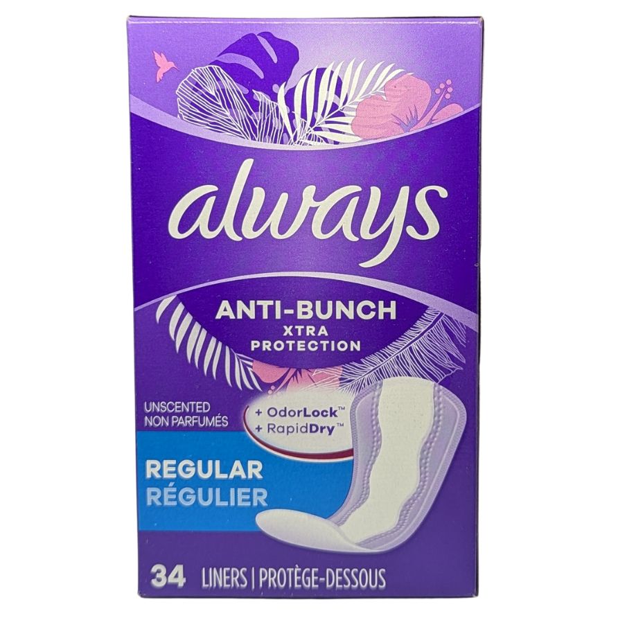 Always Anti - Bunch Xtra Protection Daily Liners Regular Length Unscented, 34 Liners