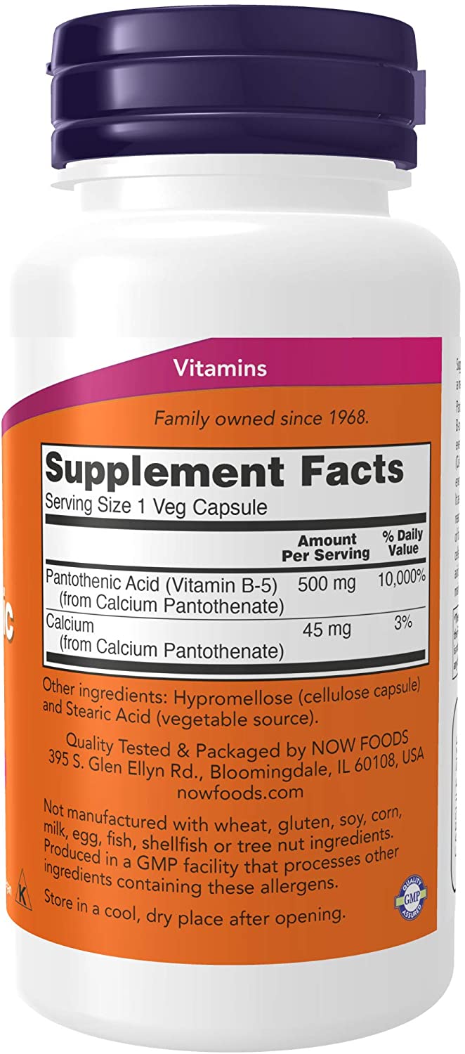 NOW Supplements, Pantothenic Acid (Vitamin B-5) 500 mg, B-Complex Vitamin, 100 Veg Capsules