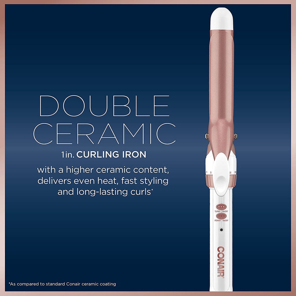 Conair Double Ceramic 1" Curling Iron with Cool Tip for Easy Handling, Dual Voltage, White/Rose Gold
