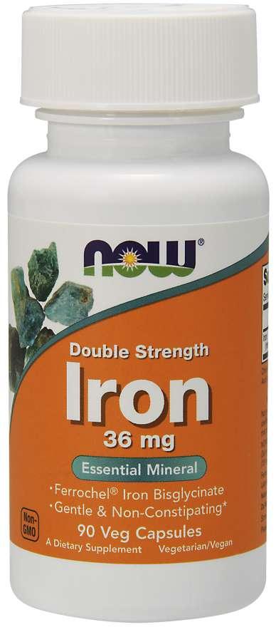 NOW Foods Iron Double Strength 36 mg, Essential Mineral 90 Veg Capsules