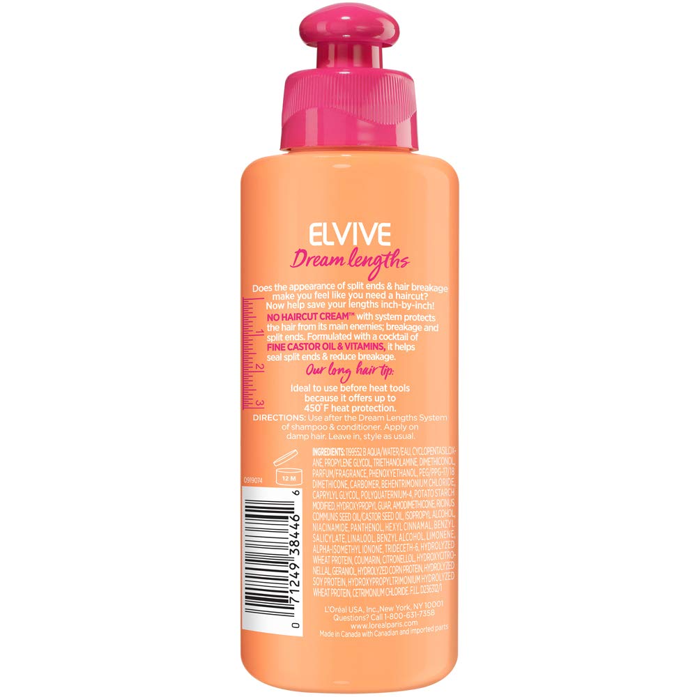L’Oreal Paris Elvive Dream Lengths No Haircut Cream Leave in Conditioner with Fine Castor Oil &Vitamins,6.8 fl.oz/200ml