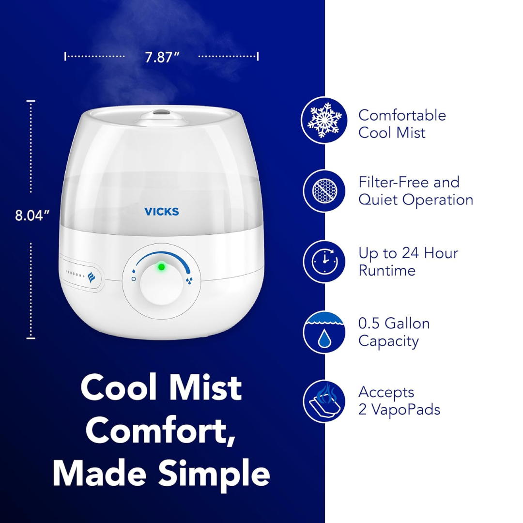 Vicks Mini Filter-Free Cool Mist Humidifier for Small Room Size, 0.5 G ...