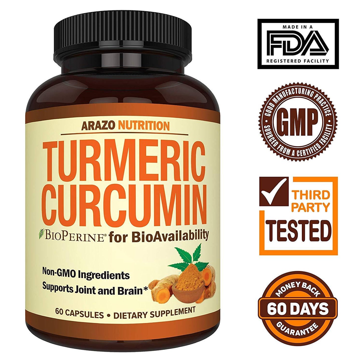 Arazo Nutrition Turmeric Curcumin with BioPerine, 60 Capsules