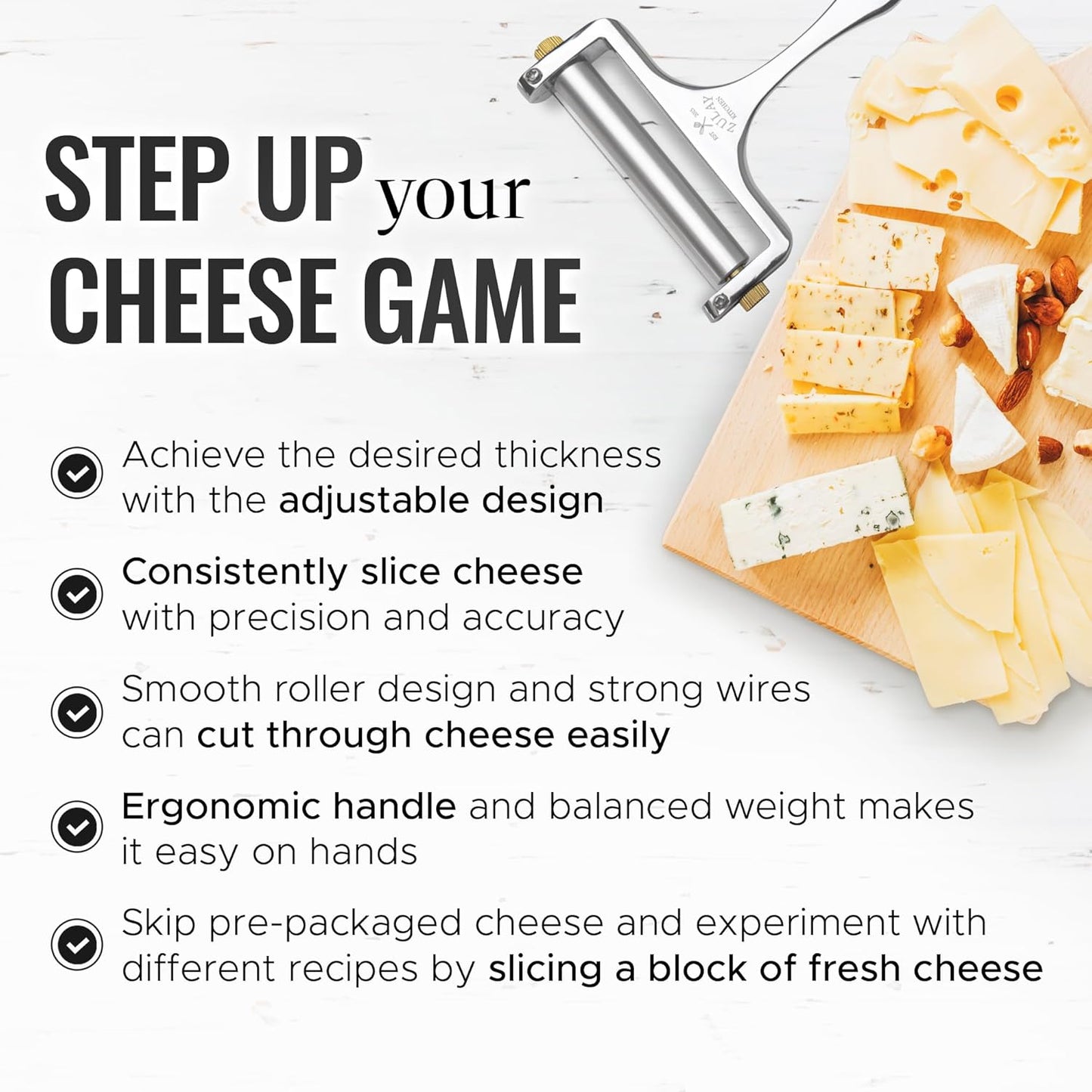 Zulay Kitchen Stainless Steel Wire Cheese Slicer Adjustable Hand Held Cheese Cutter with 2 Extra Wires