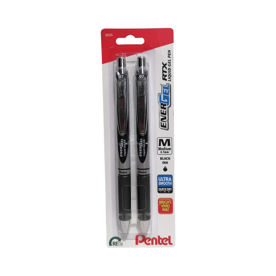 Pentel EnerGel RTX Liquid Pen Black Ink 0.7mm Retractable Needle Tip, 2 Pack