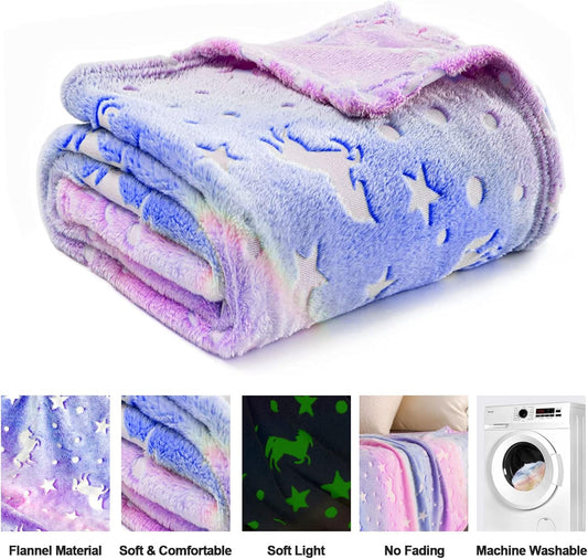 Unicorn Glow In The Dark Blanket For Girls/Kids Age 3-12, Soft Fleece Throw, 40 X 60
