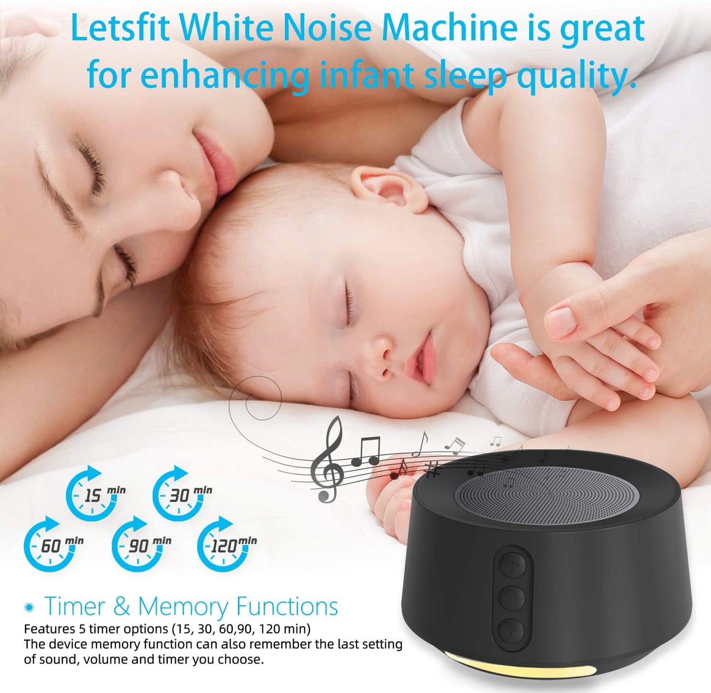 Letsfit White Noise Machine w/ Adjustable Baby Night Light, 14 Sleep Soundtracks, Timer & Memory