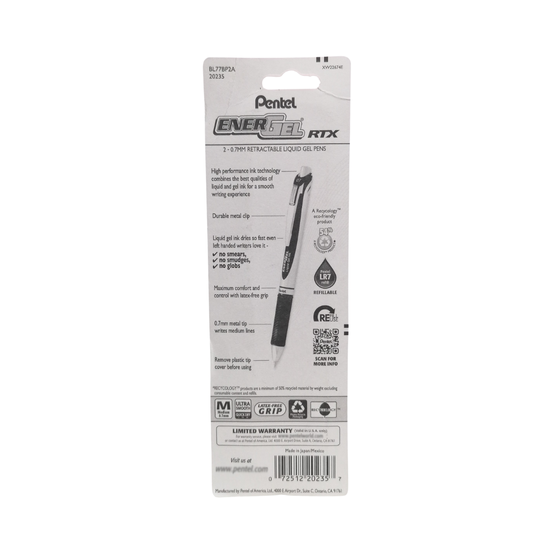 Pentel EnerGel RTX Liquid Pen Black Ink 0.7mm Retractable Needle Tip, 2 Pack