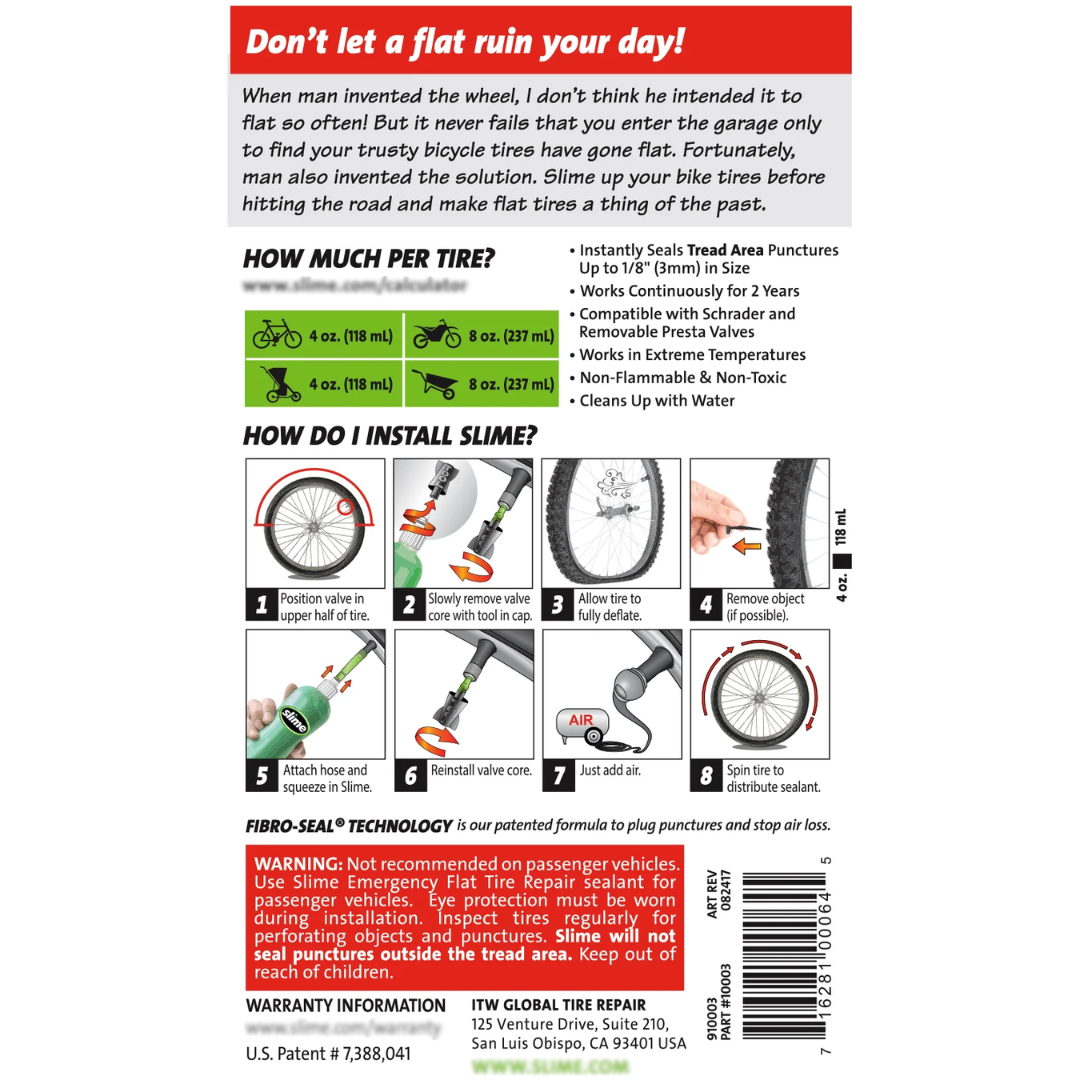 Slime Prevent & Repair Flat Tires Tube Sealant for Bicycle, 8 oz / 237 ml