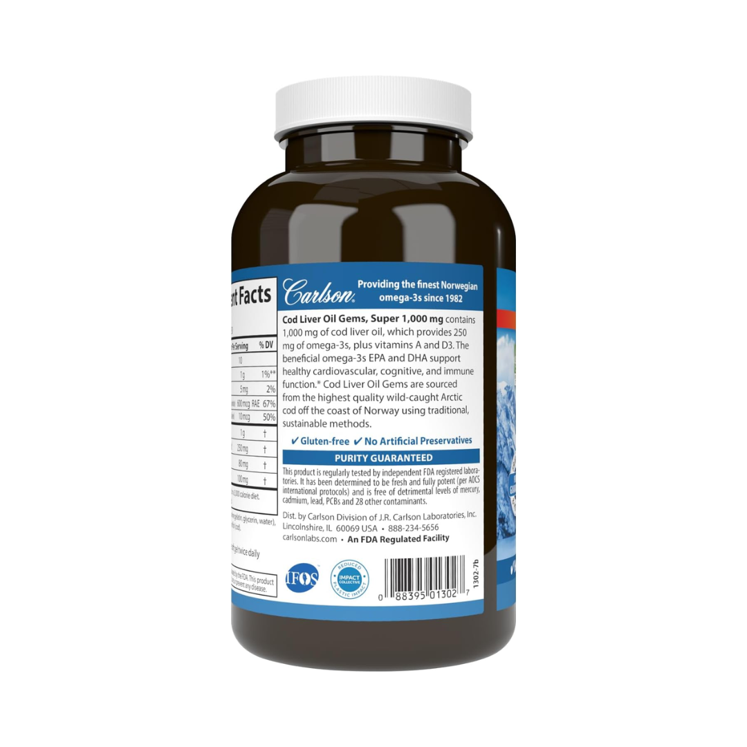 Carlson Wild Norwegian Cod Liver Oil Gems Super 1,000 mg, 250 Softgels