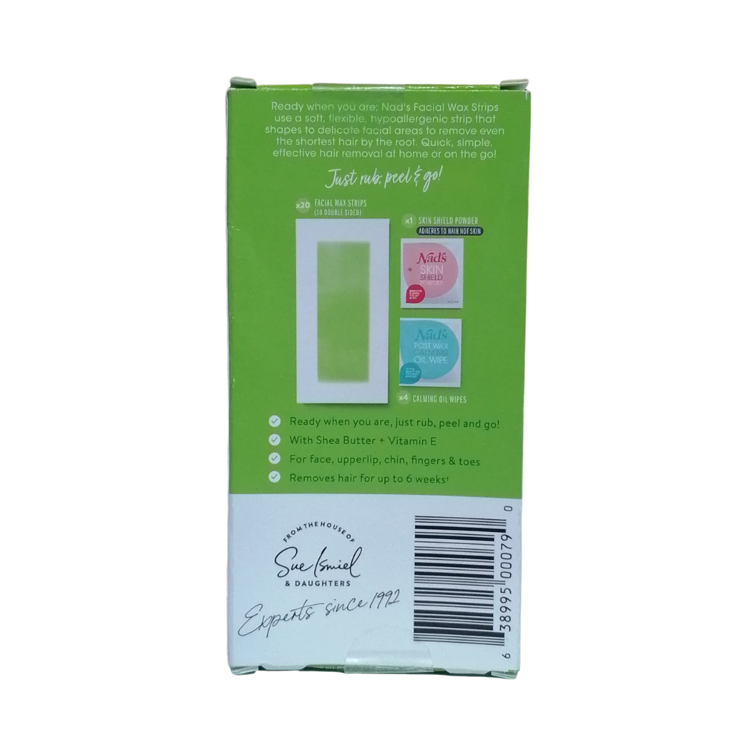 Nad's Facial Wax Strips, 20 Strips + 2 Calming Oil Wipes