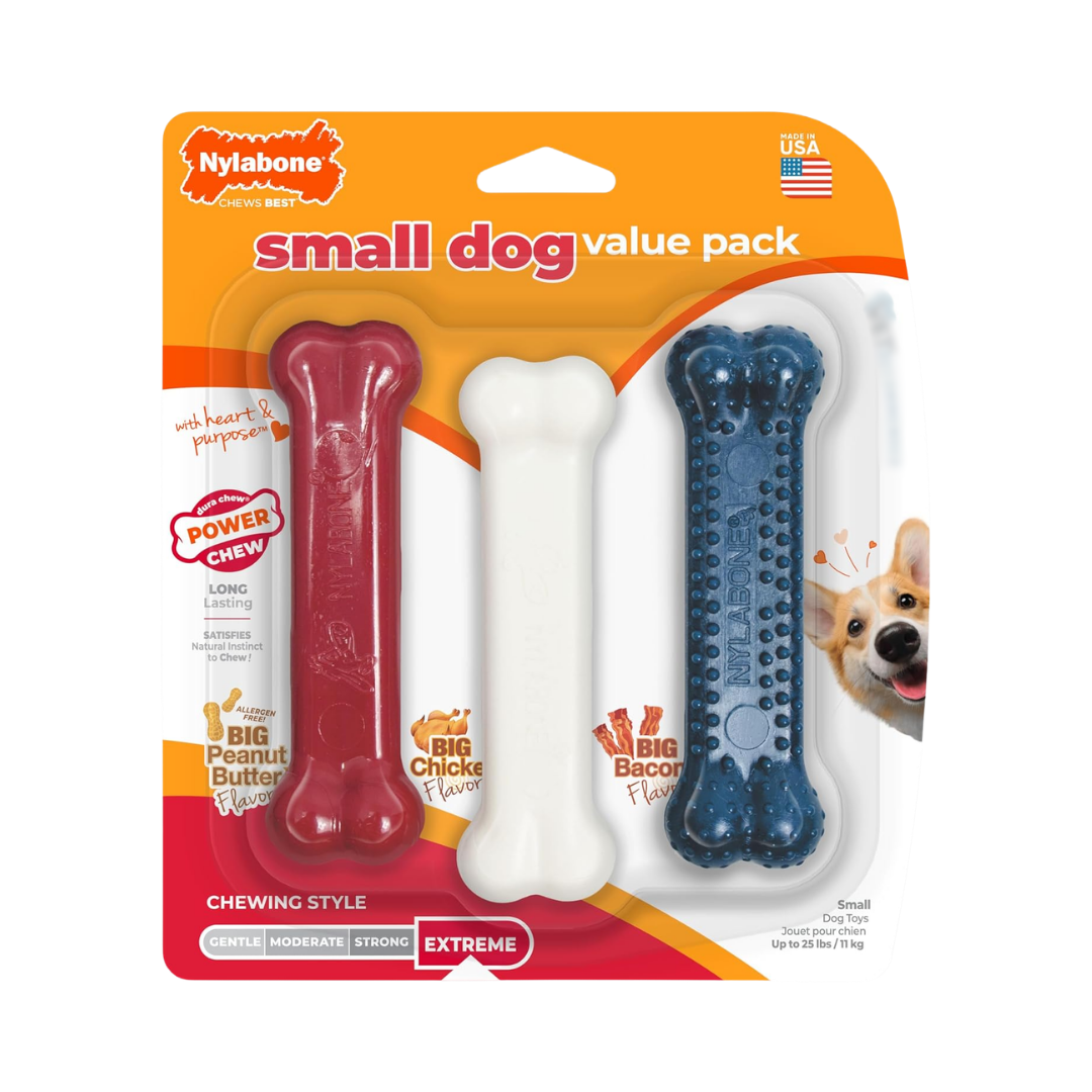 Nylabone Dura Chew Textured Toy, Variety Pack, Peanut Butter,Chicken, Bacon Flavor