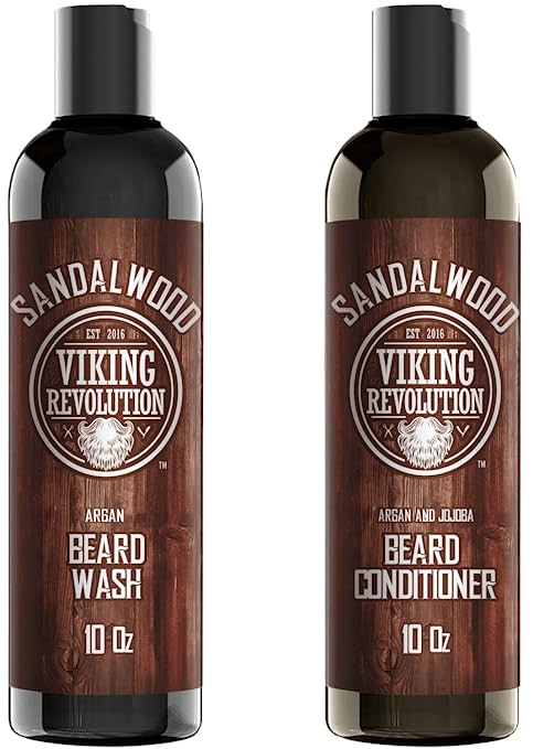Viking Revolution Sandalwood Beard Wash & Beard Conditioner Set w/ Argan & Jojoba Oils 2x (10 oz)