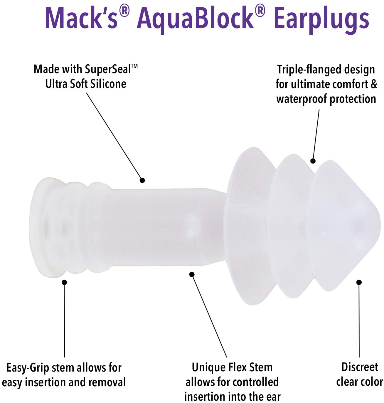 Mack's AquaBlock Swimming Earplugs (Clear) 3 Pairs