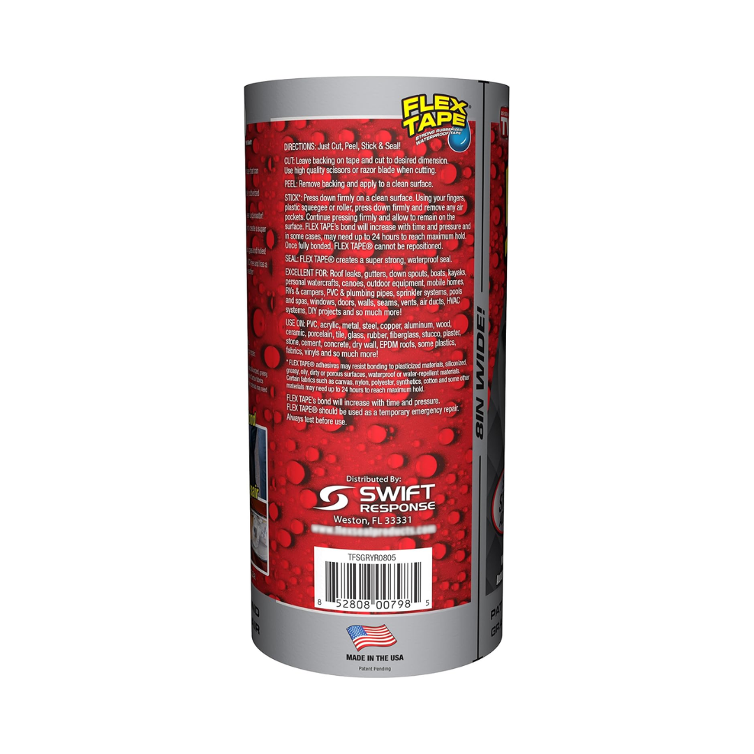 Flex Tape Strong Rubberized Waterproof Tape Gray, 8" x 5'