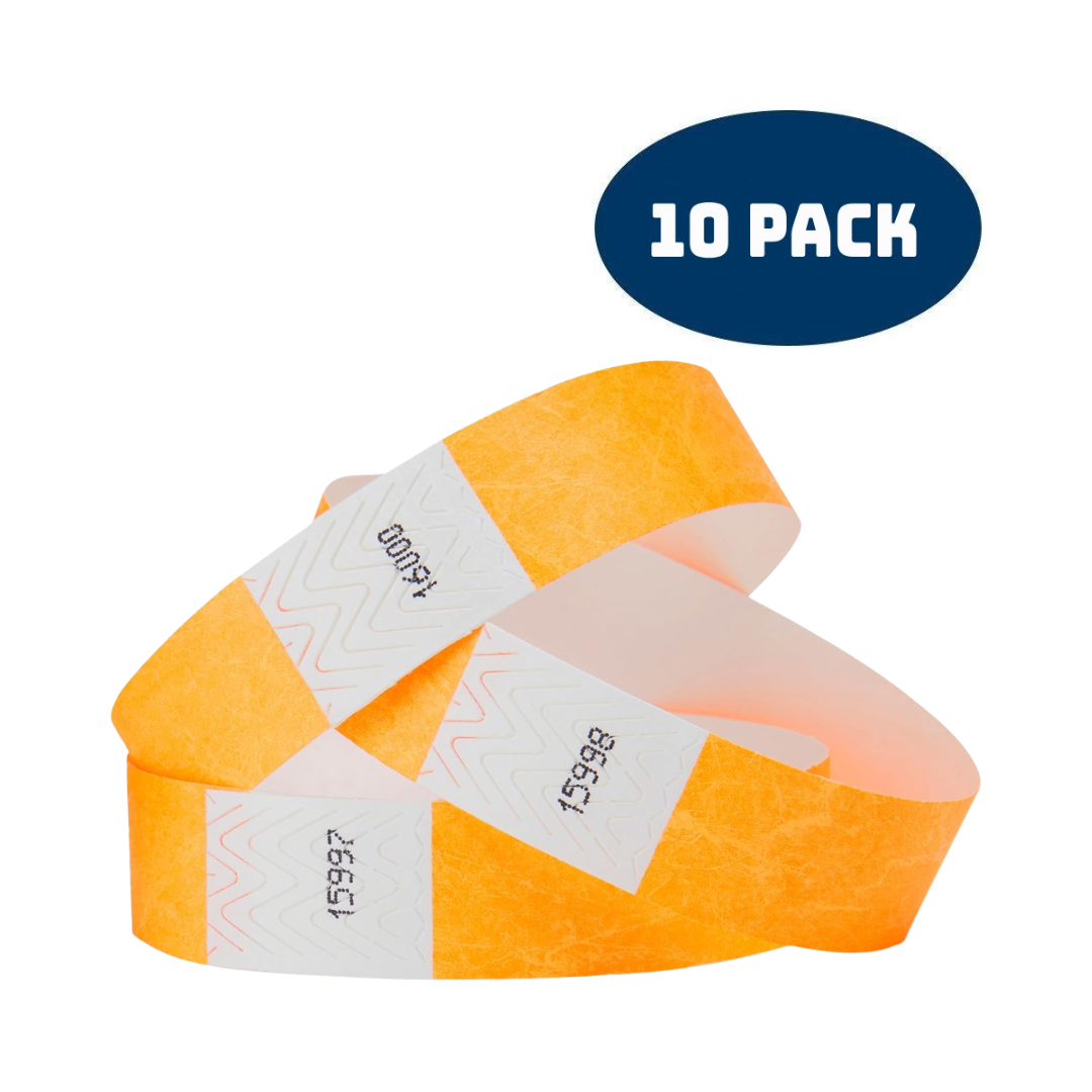 WristCo Neon 3/4" Tyvek Paper Wristbands for Events - 10 Strips