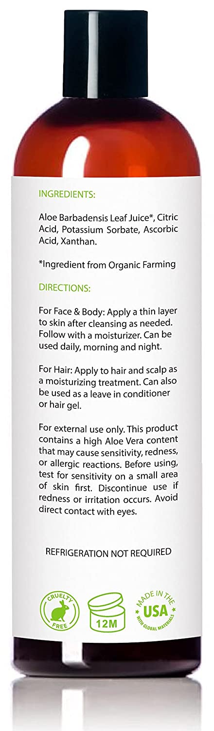 Amara Beauty Aloe Vera Gel Organic Cold Pressed Aloe for Face, Body, and Hair, 12 fl.oz / 354 ml
