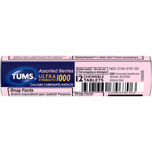 TUMS Ultra Strength Assorted Berries Antacid Chewable Tablets for Heartburn Relief (12 ct in 1 pack)