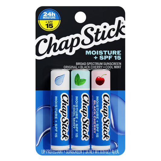 ChapStick Lip Moisturizer (Original, Cool Mint & Black Cherry Flavors, 0.15 Ounce, 3 Sticks) and Skin Protectant Lip Balm Tube, Sunscreen, SPF 15