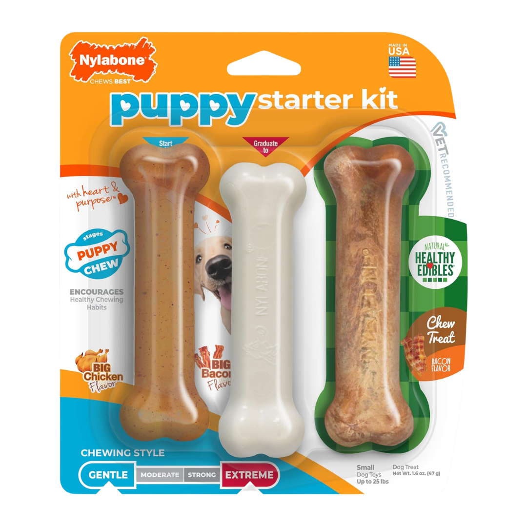 Nylabone Puppy Chew Starter Kit Chew Toy with Chew Treat Chicken & Bacon Flavor (N201PSKP)