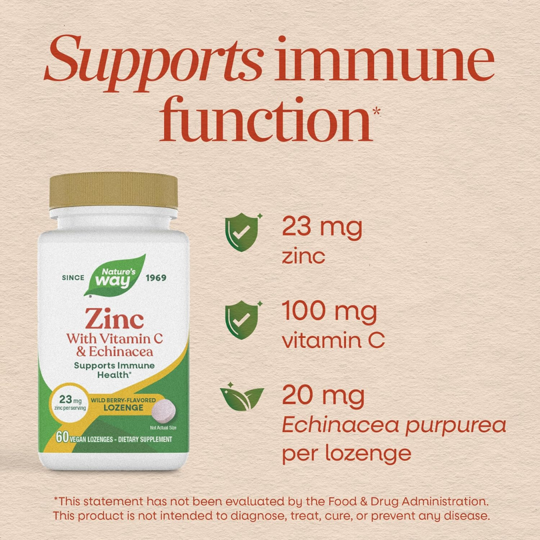 Nature's Way Zinc with Vitamin C & Echinacea Wild Berry-Flavored 23 mg, 60 Lozenges