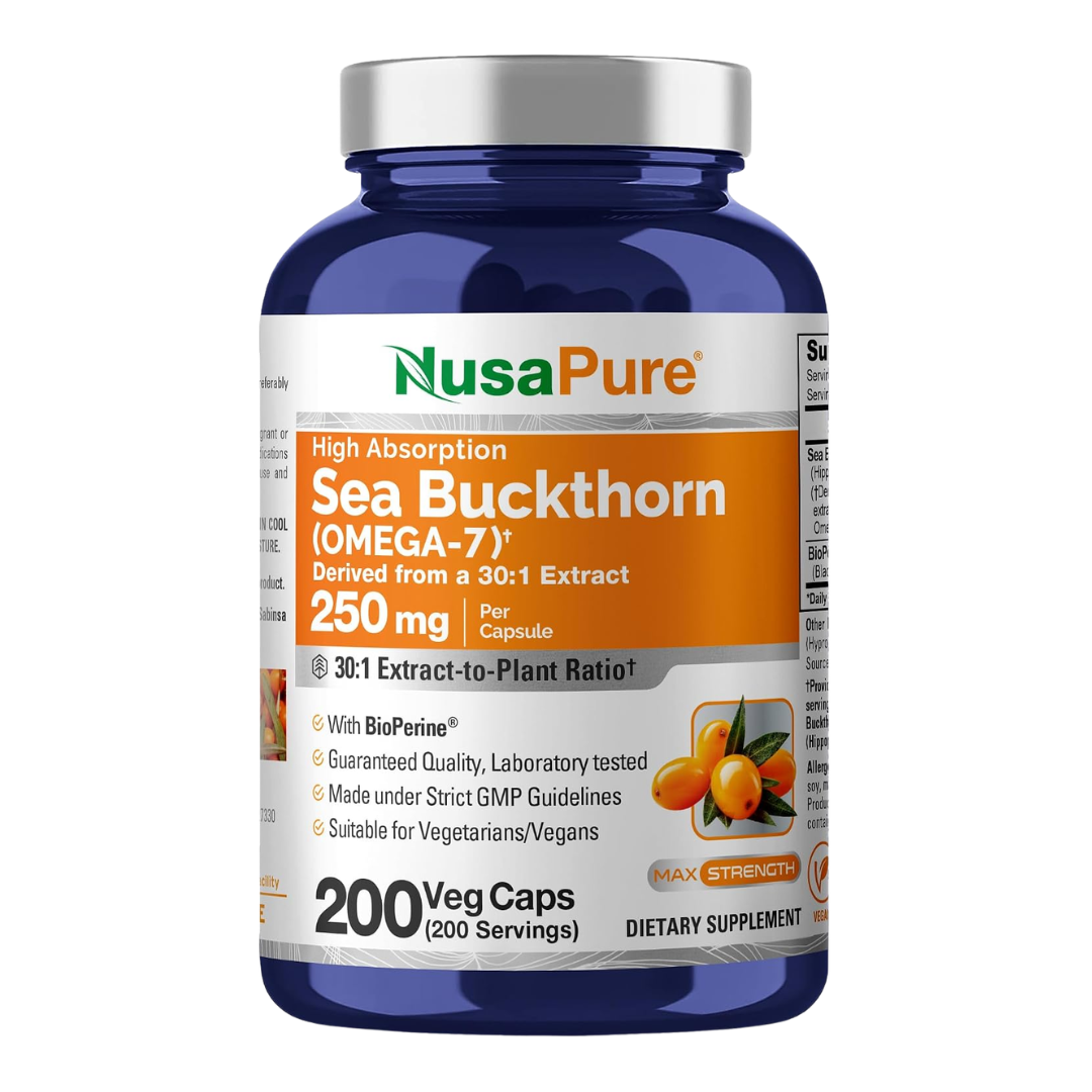 NusaPure Sea Buckthorn (Omega-7) 250 mg with Bioperine, 200 Capsules