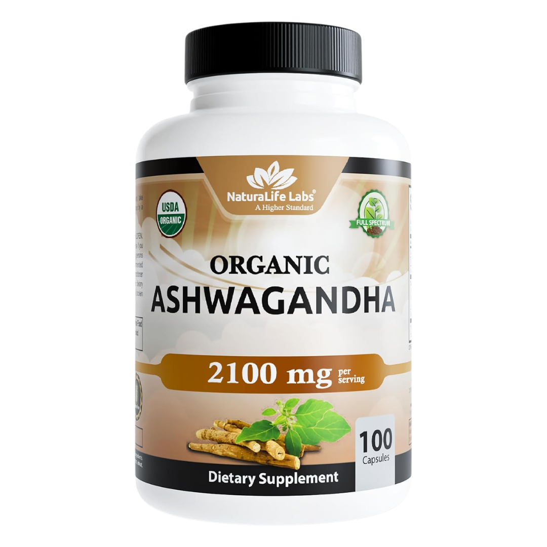 NaturaLife Labs Organic Ashwagandha 2,100 mg, 100 Capsules