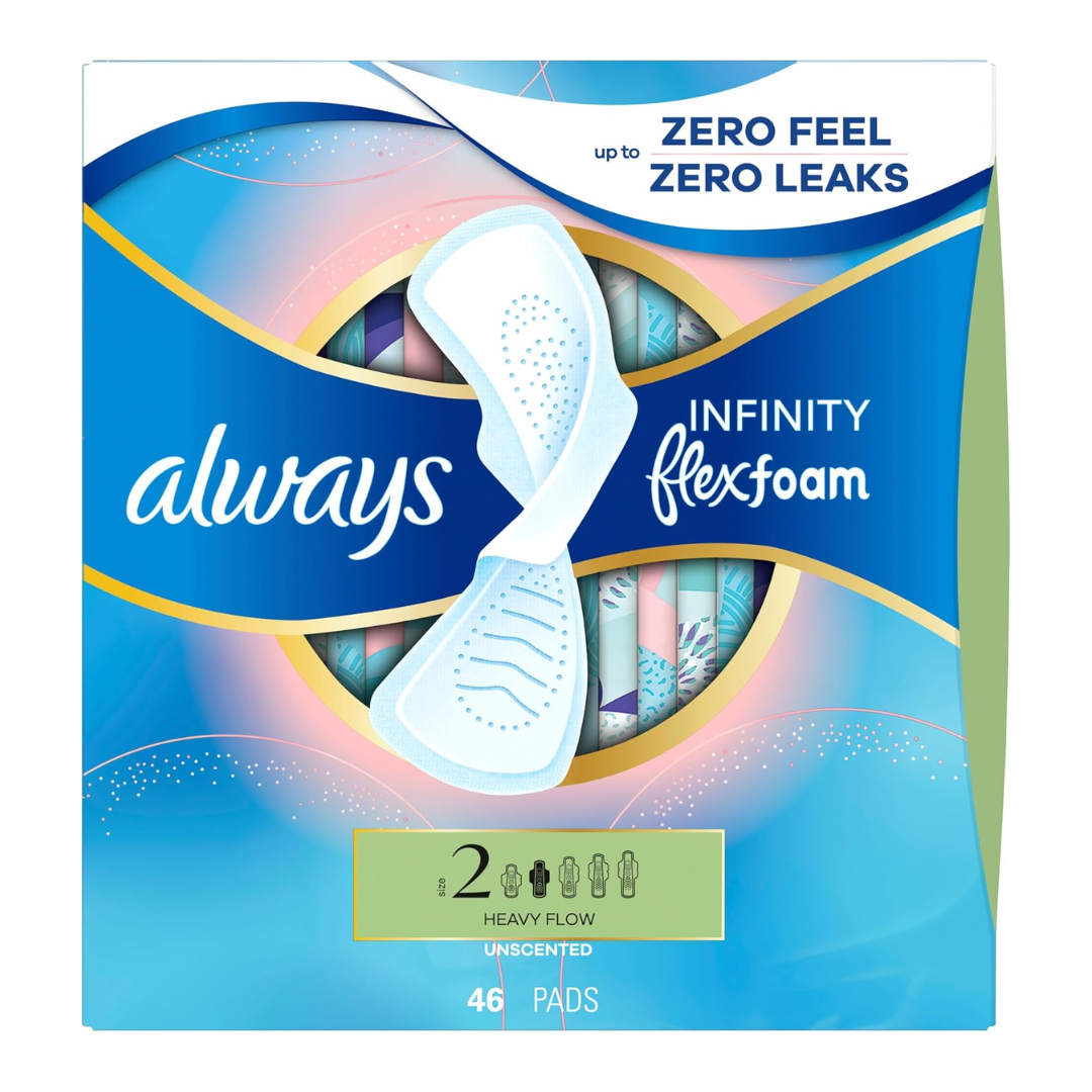 Always Size 2 Infinity Flex Foam Unscented Pad with Wings, 46 Pads