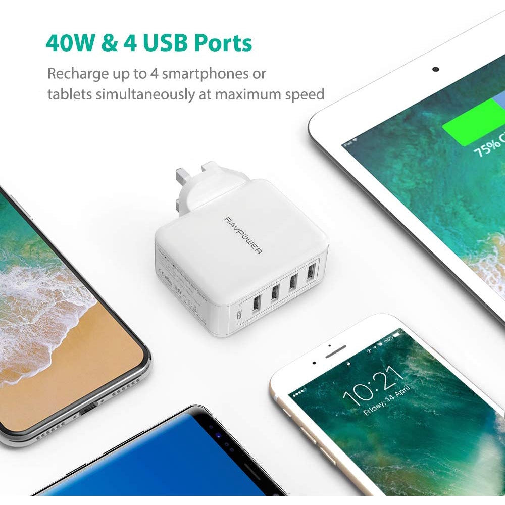 Wall Charger, 40W 8A 4-Port USB Plug Charger (White)