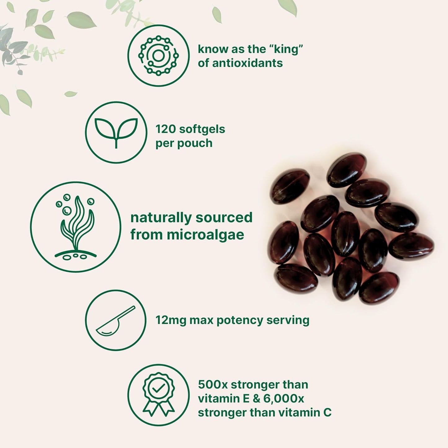 Microingredients Astaxanthin from Microalgae 12mg Dietary Supplement, 120 Softgels