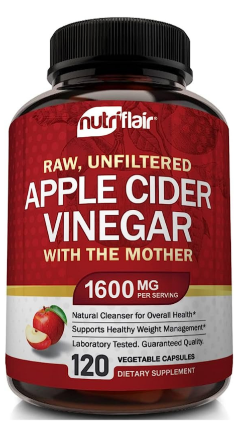 NutriFlair Raw, Unfiltered Apple Cider Vinegar with Mother 1600mg Supplement -120 Vegetable Capsule